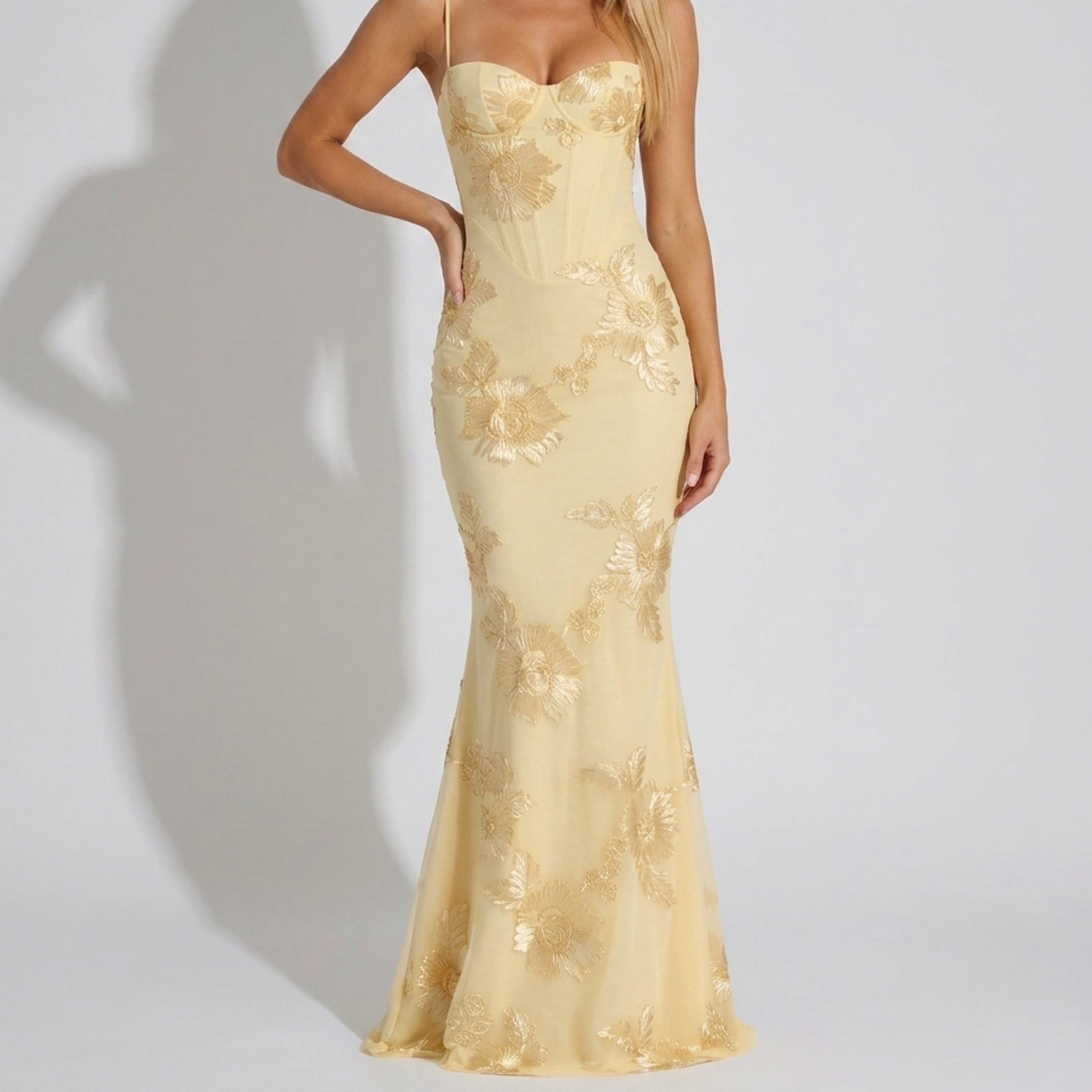 Ella - Lemon mesh maxi dress with floral appliqué, corset bodice, and open lace-up back