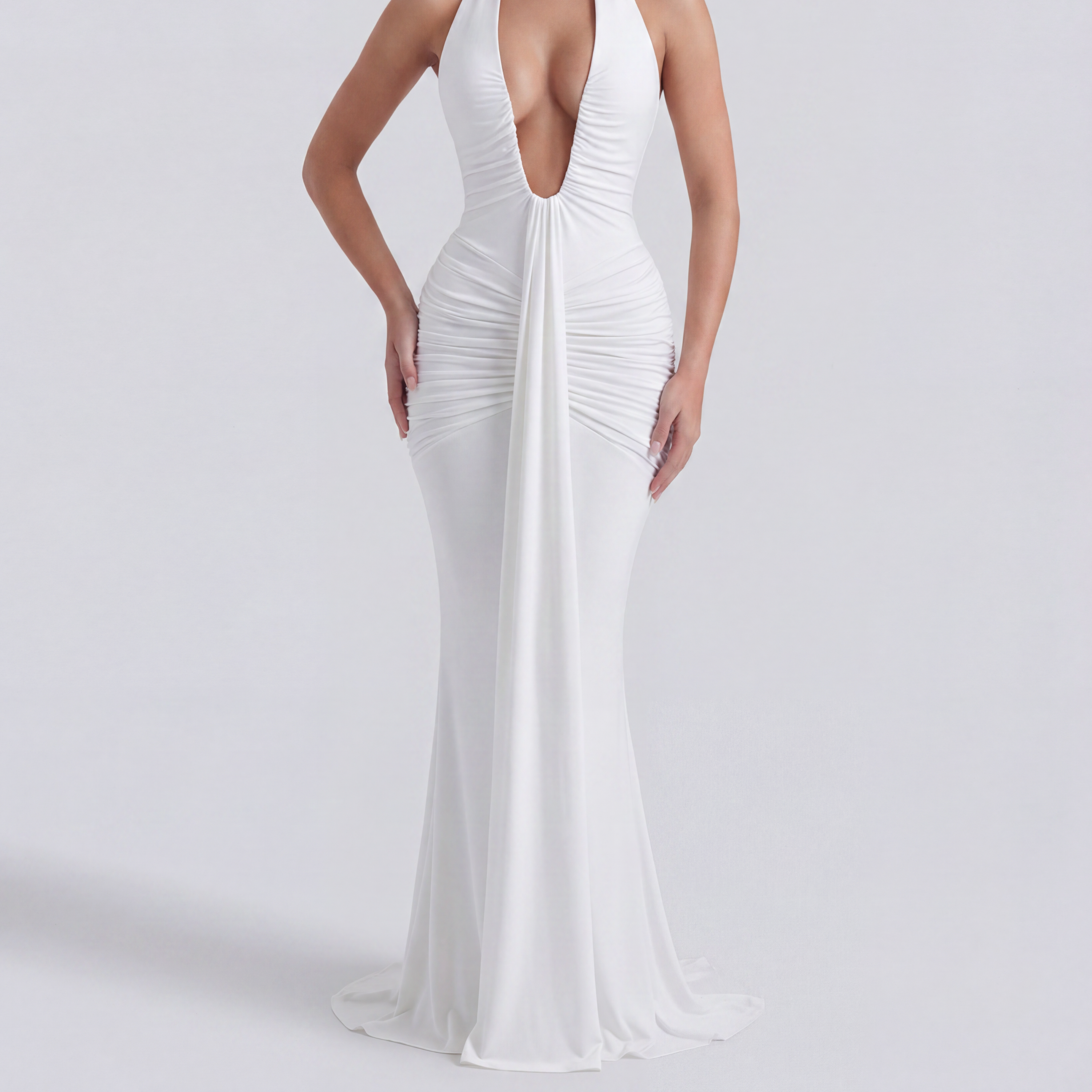 Isabella - White Maxi Dress with Plunging Halter Neckline & U-Wire Detail