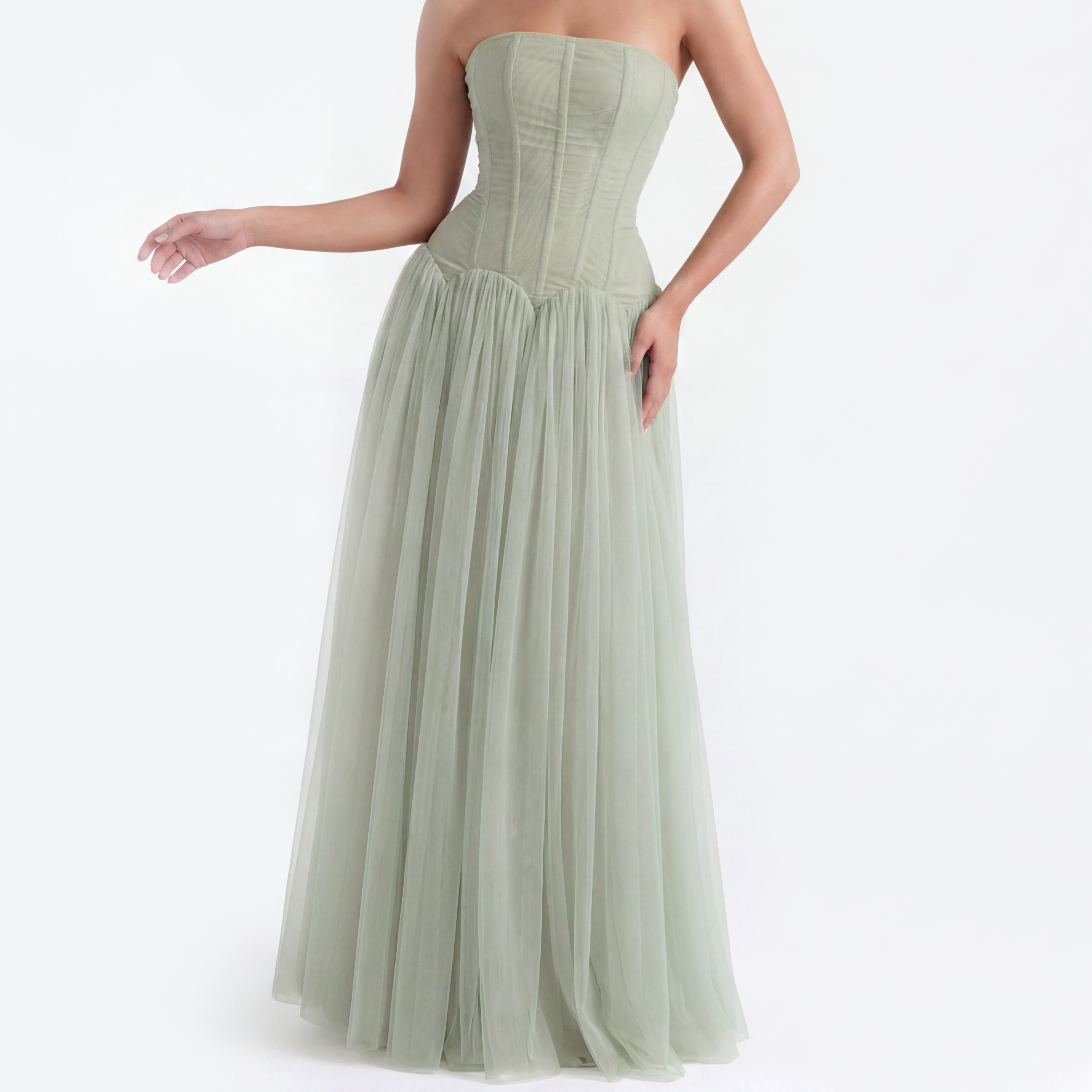 Chloe - Mint mesh maxi dress with a corset bodice, strapless neckline, and airy drop-waist skirt