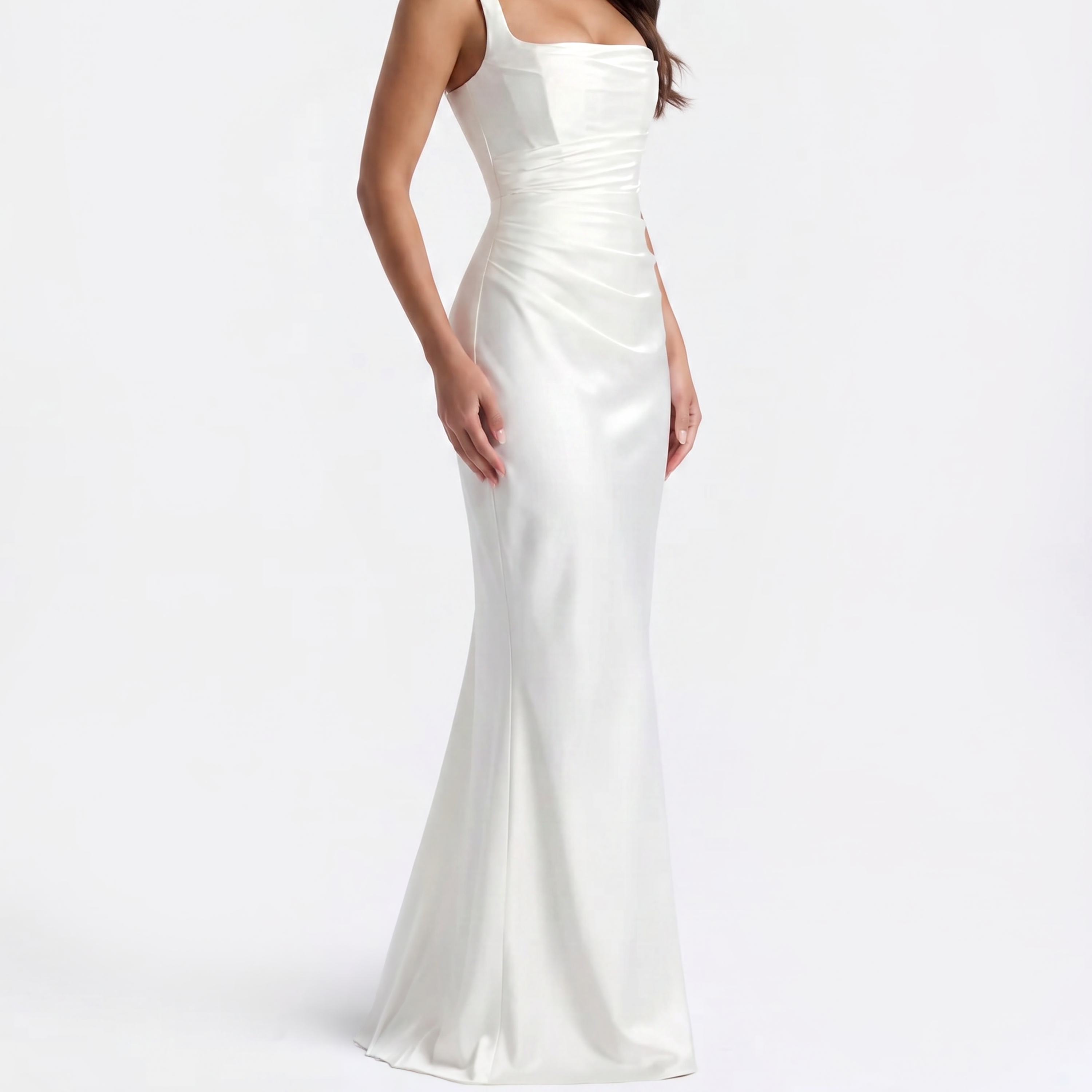 Mia - White satin maxi dress with a corset bodice and lace-up back.
