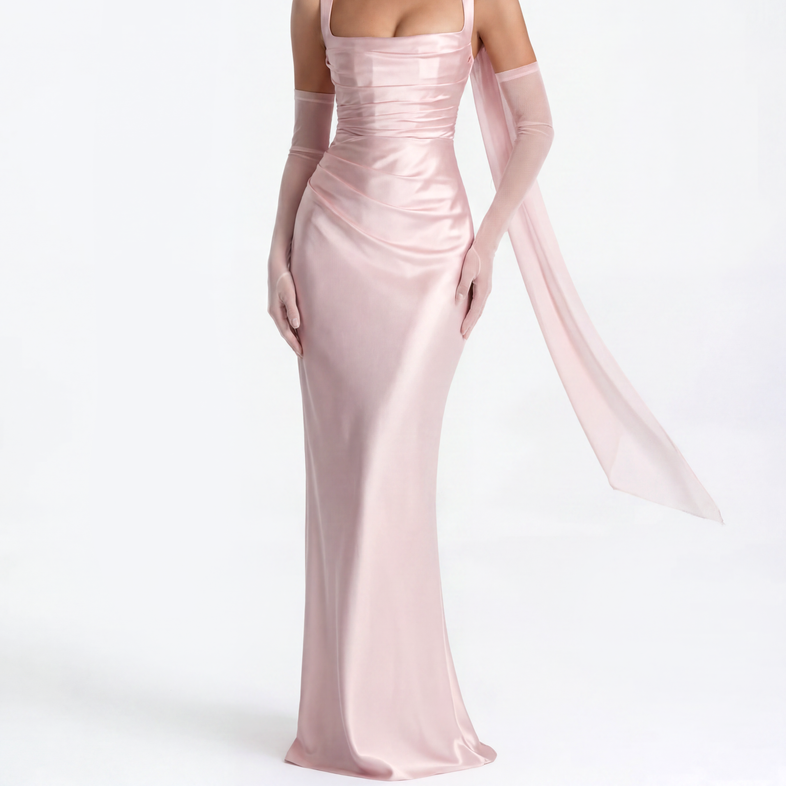 Emma - Baby pink satin maxi dress with a corset bodice and lace-up back.