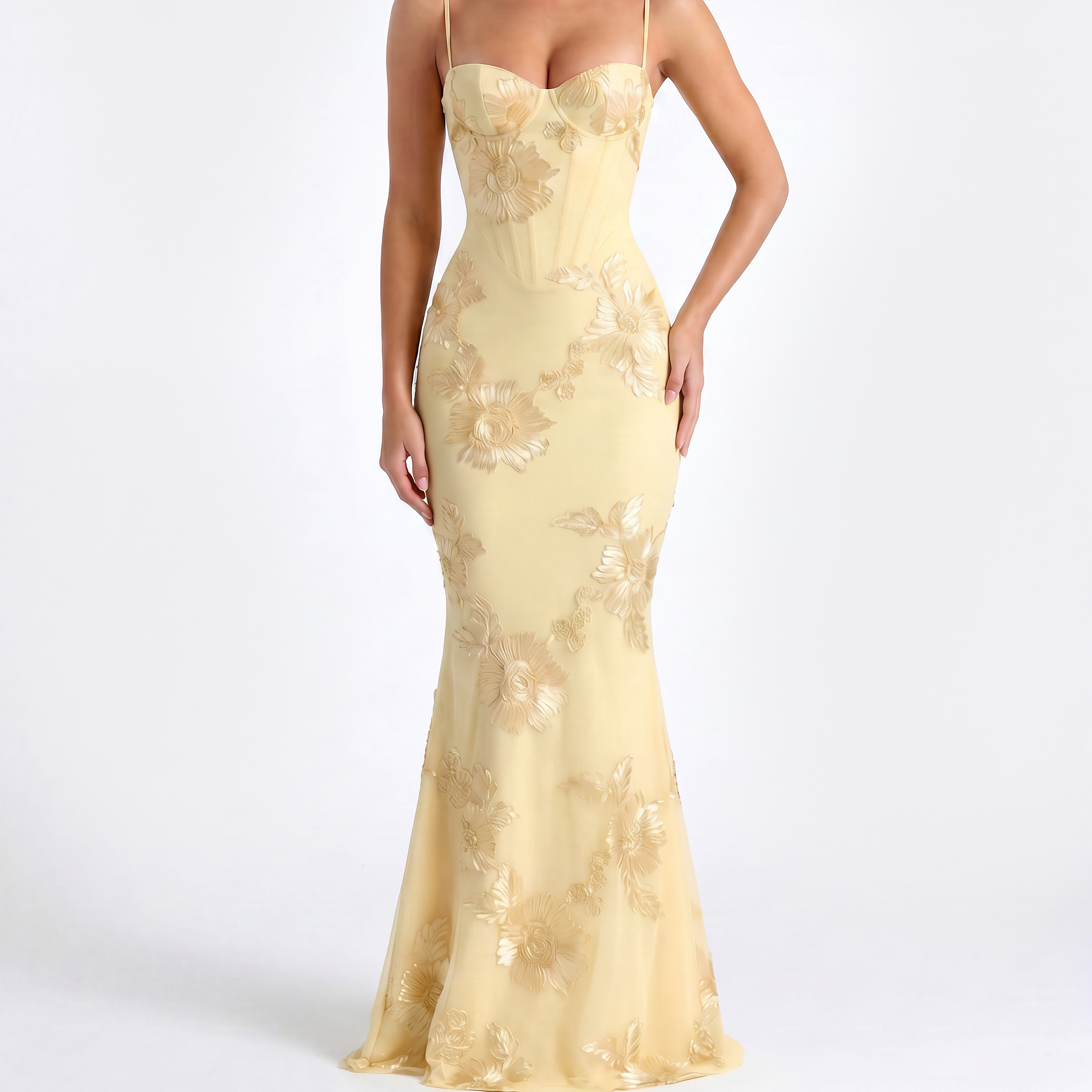 Ella - Lemon mesh maxi dress with floral appliqué, corset bodice, and open lace-up back