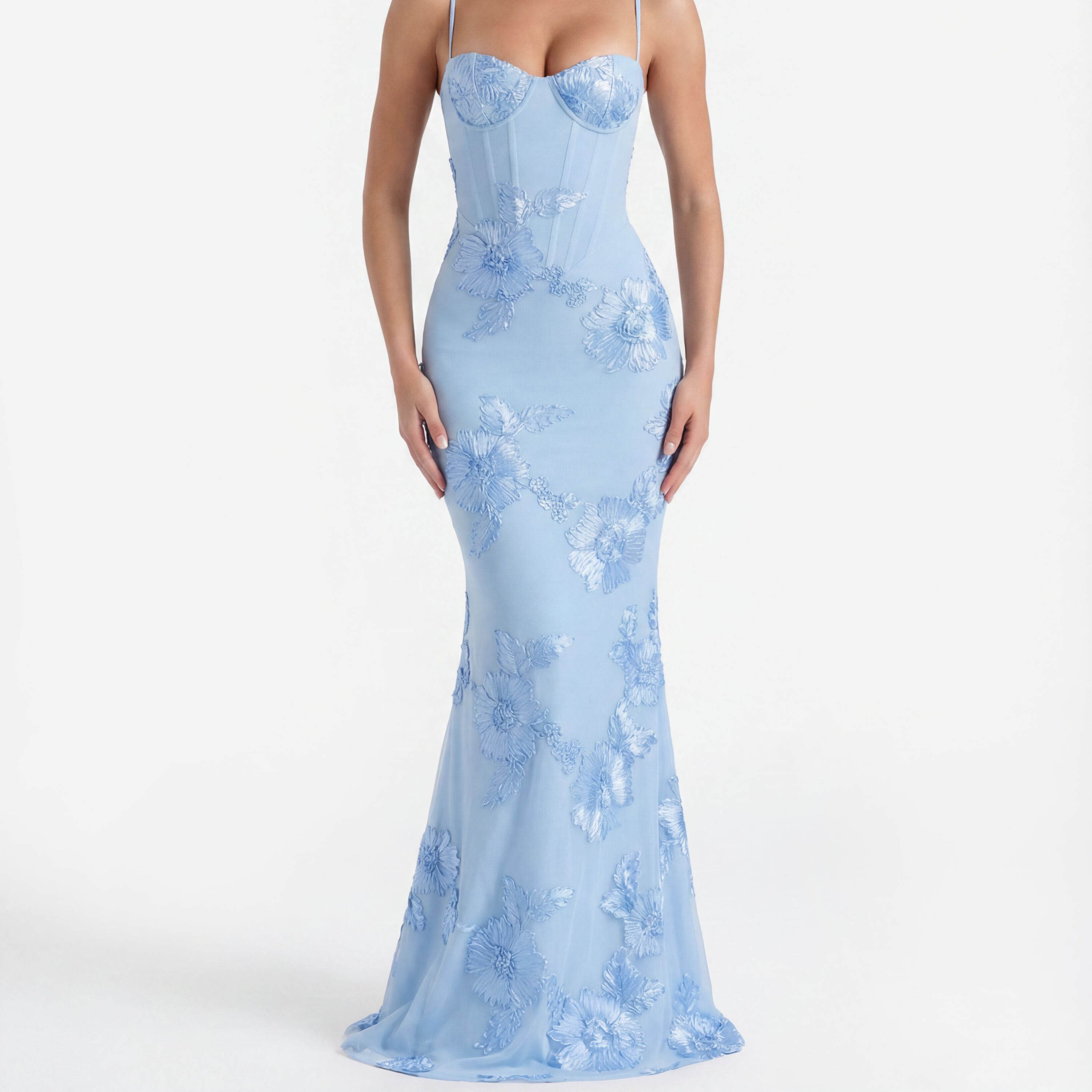 Scarlett - Baby blue mesh maxi dress with floral appliqué, corset bodice, and open lace-up back