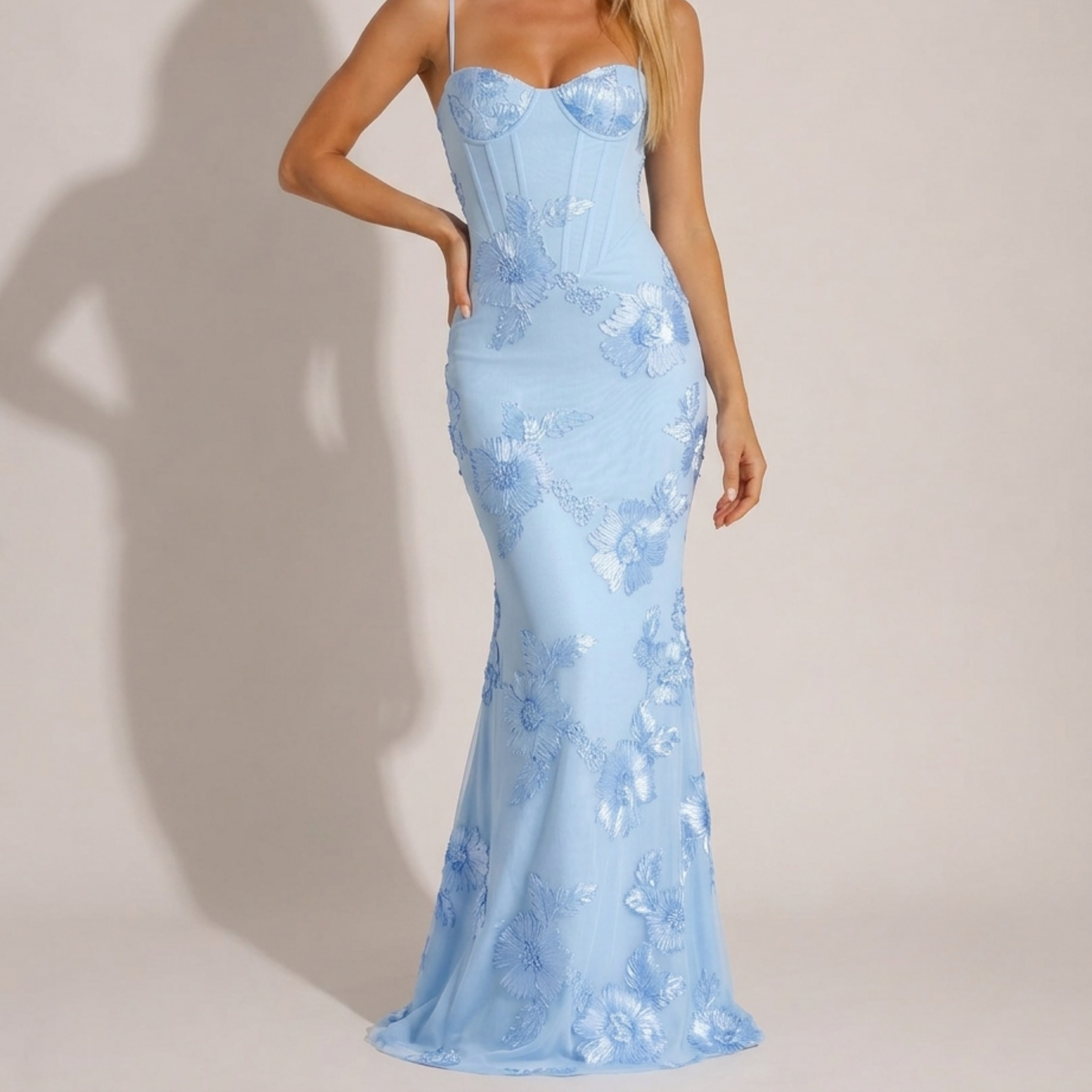 Scarlett - Baby blue mesh maxi dress with floral appliqué, corset bodice, and open lace-up back
