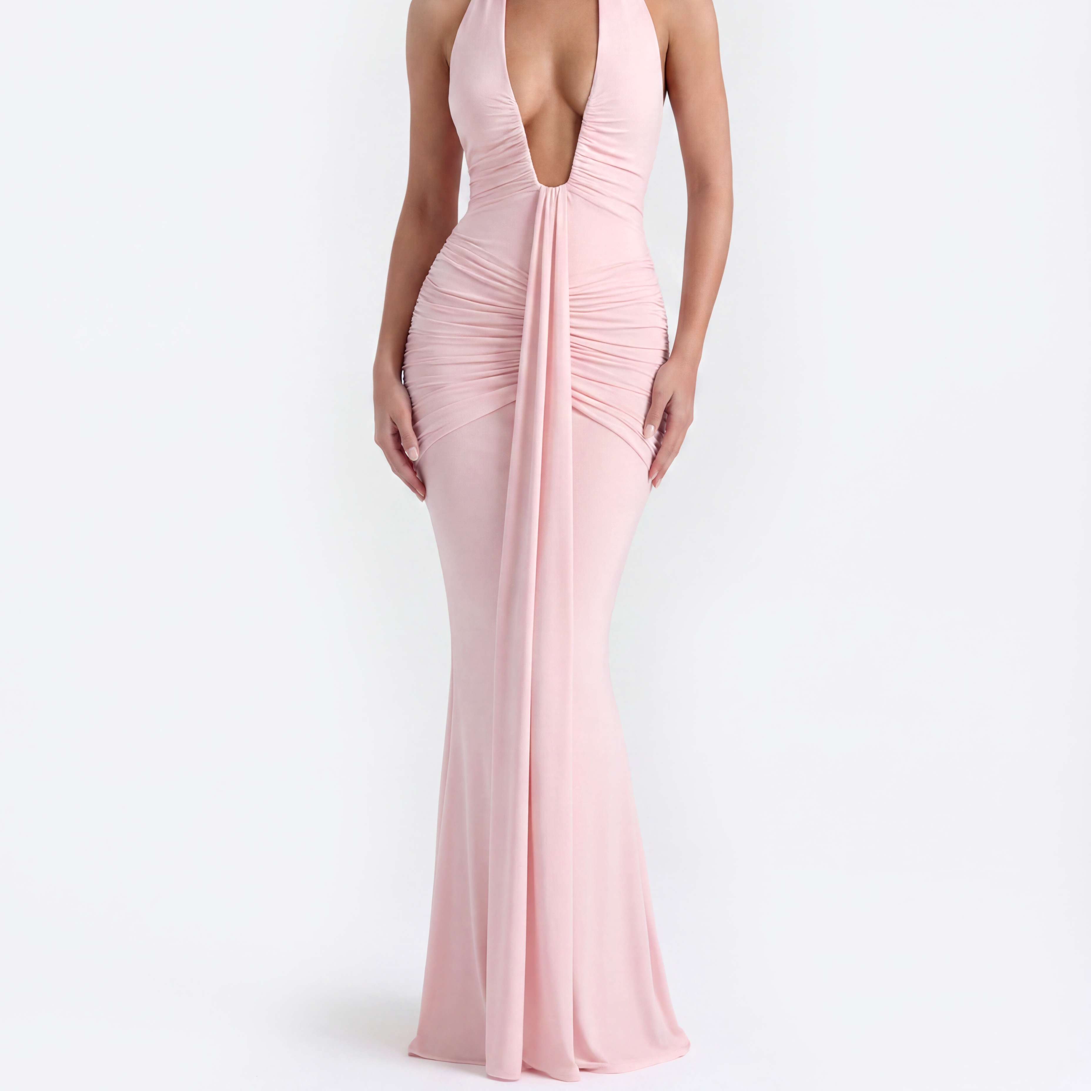 Ava - Pink Maxi Dress with Plunging Halter Neckline & U-Wire Detail