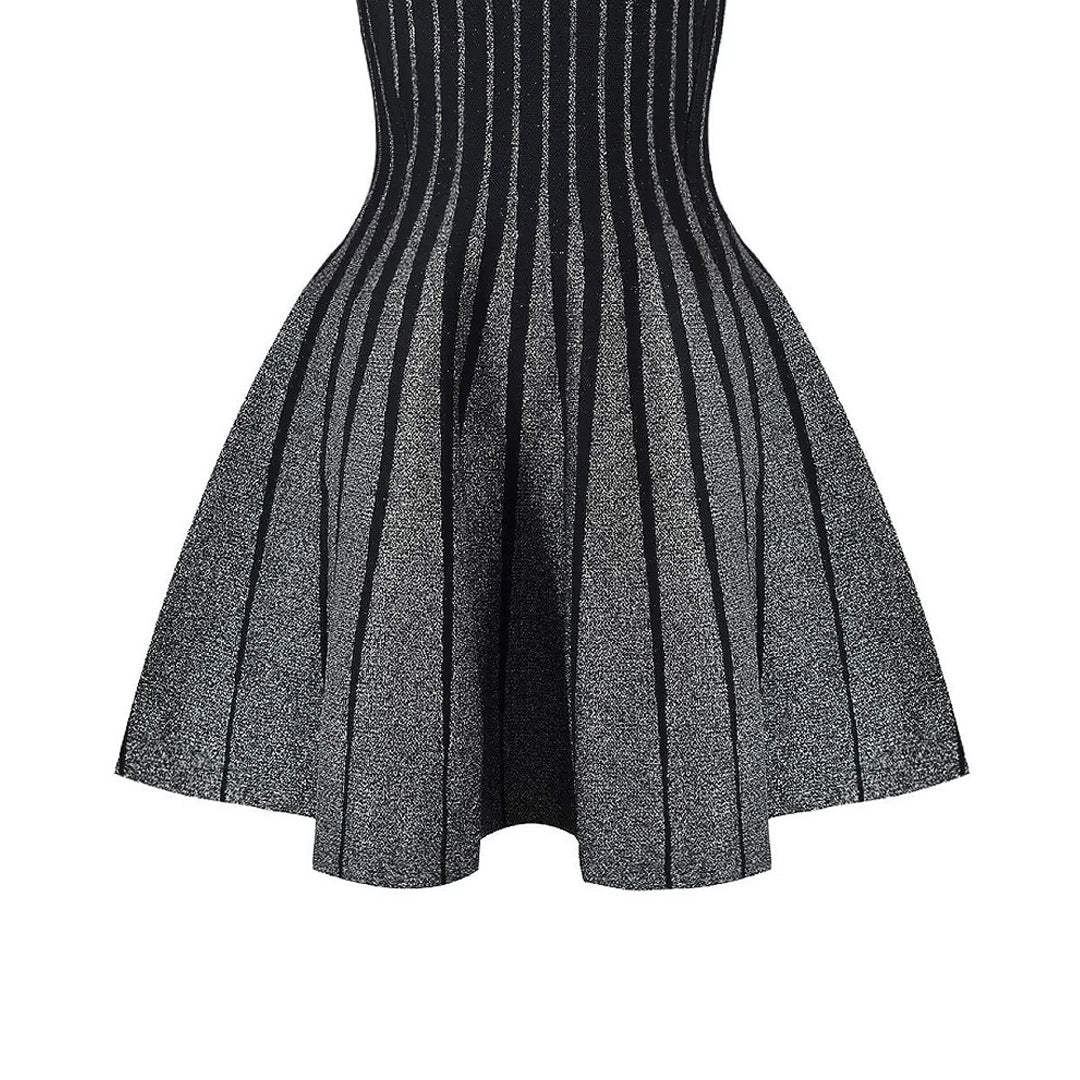 Vertical Striped Knit Waist-Cinching Mini Dress