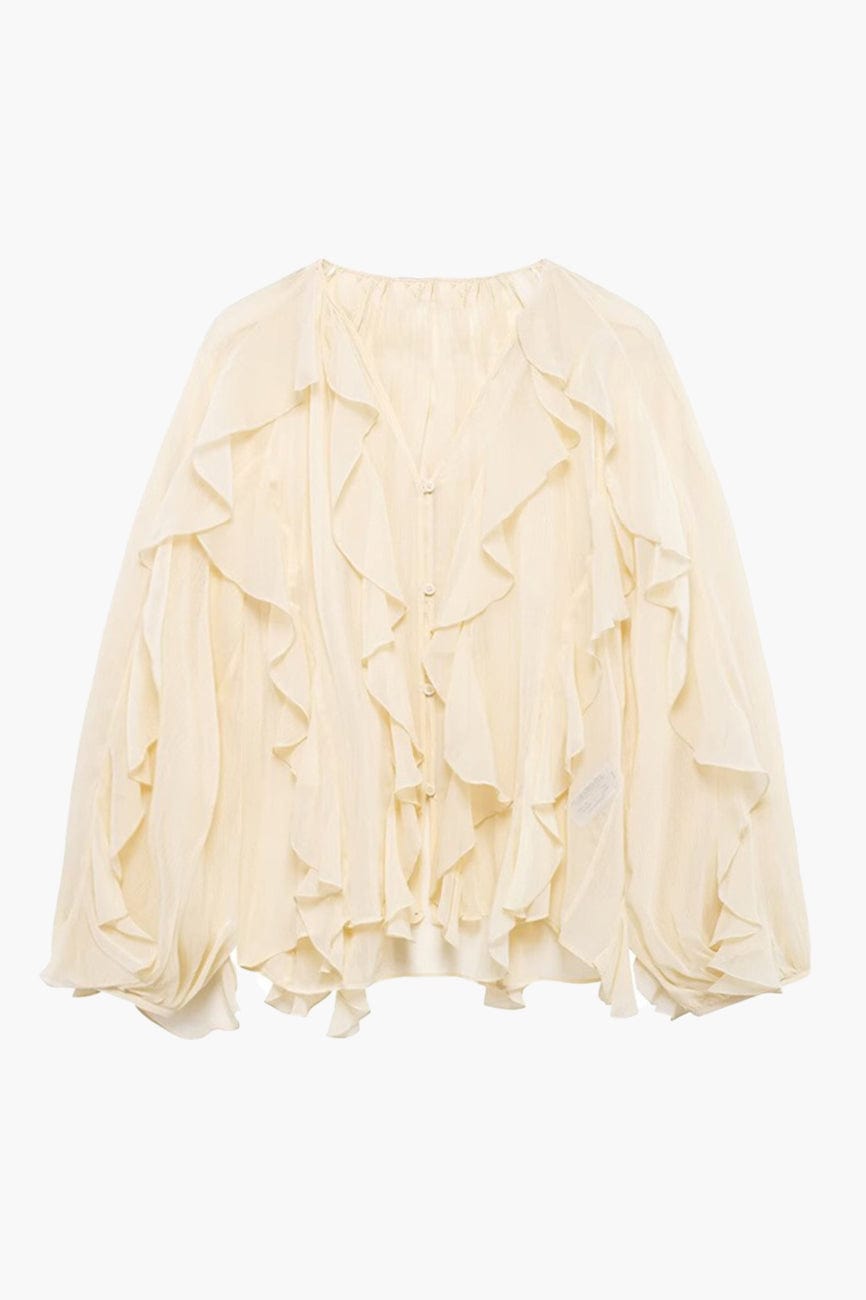Moon 45 Beige / XS Ruffle-Trimmed Sheer Loose Top