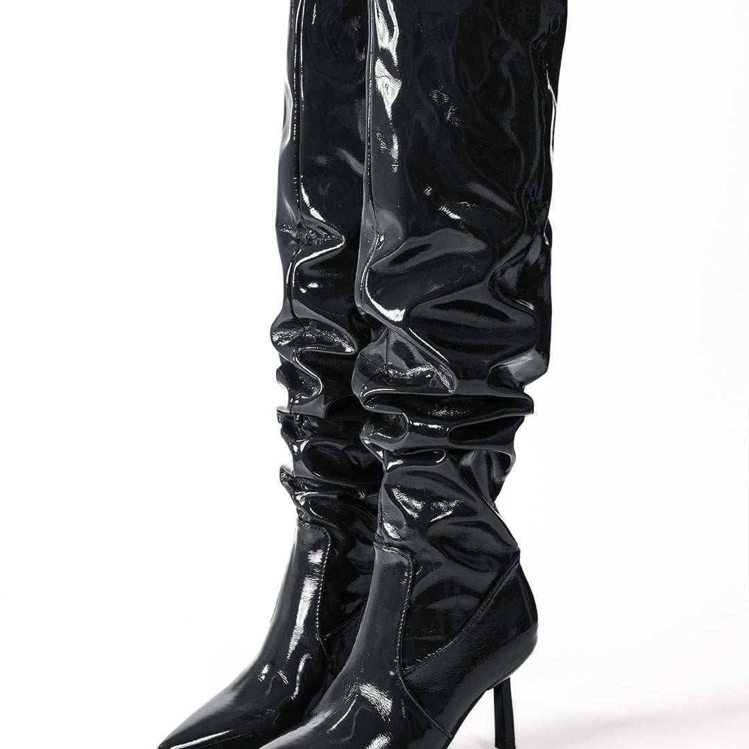 Moon 45 Black / 37 Faux Leather Ruched Pointed Toe Knee High Boots
