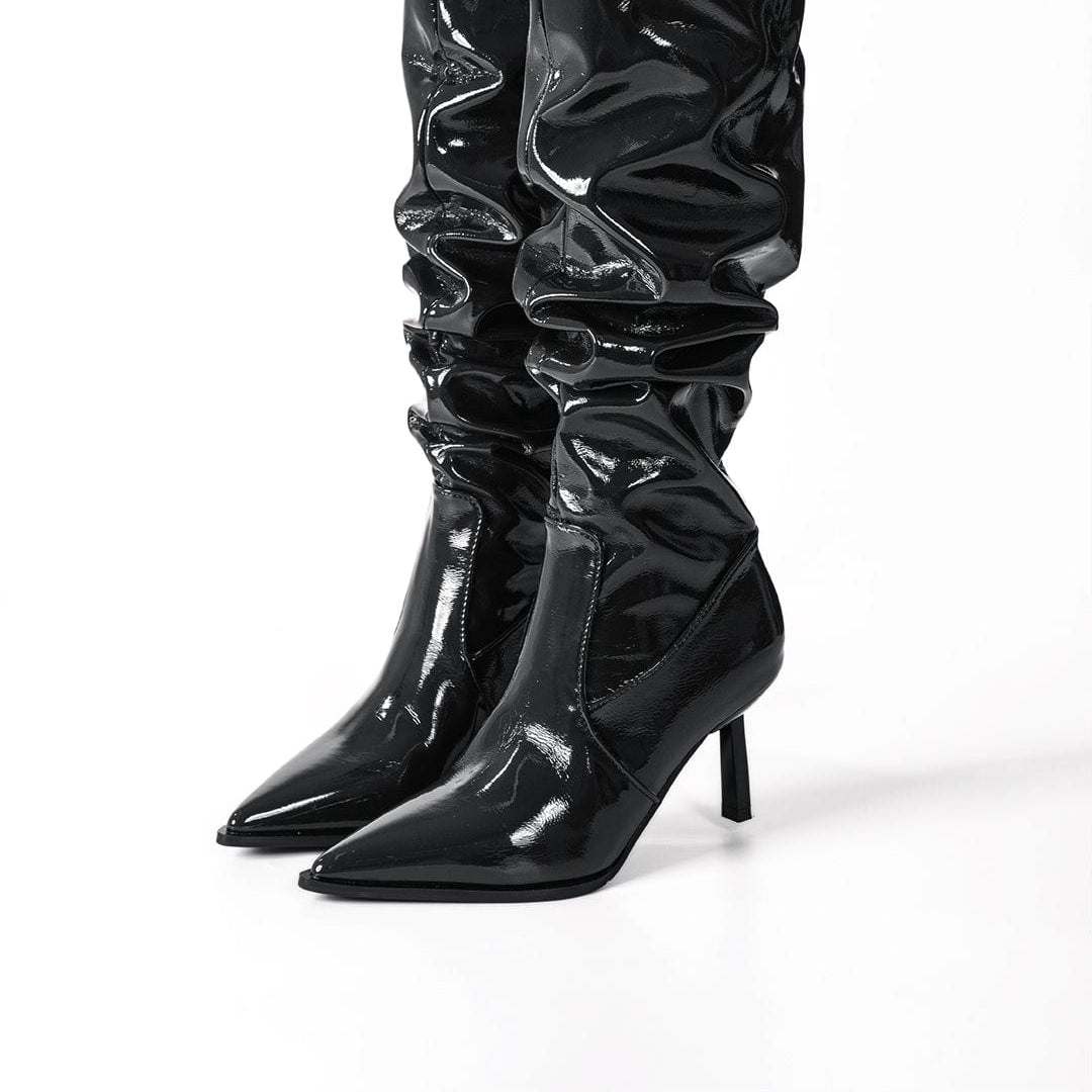 Moon 45 Black / 37 Faux Leather Ruched Pointed Toe Knee High Boots
