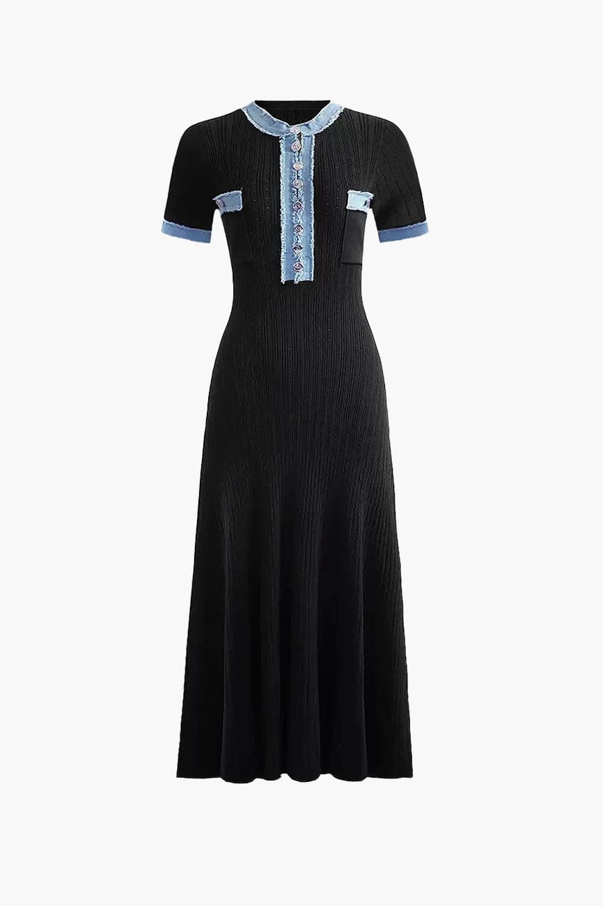 Moon 45 Black / S Denim Contrast Patchwork Knit Midi Dress