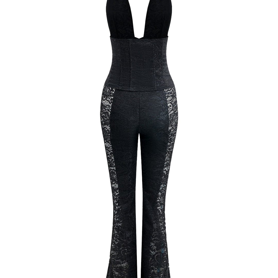 Moon 45 Black / S Halter Neck Sheer Lace Jumpsuit
