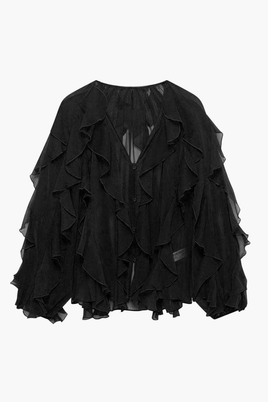 Moon 45 Black / XS Ruffle-Trimmed Sheer Loose Top