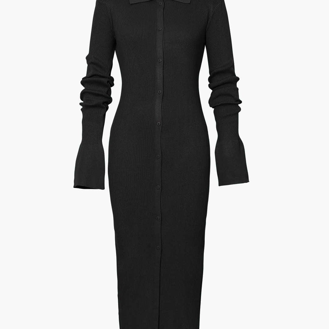 Moon 45 BLACK / XS Shell Sleeve Ribbed Maxi Dress