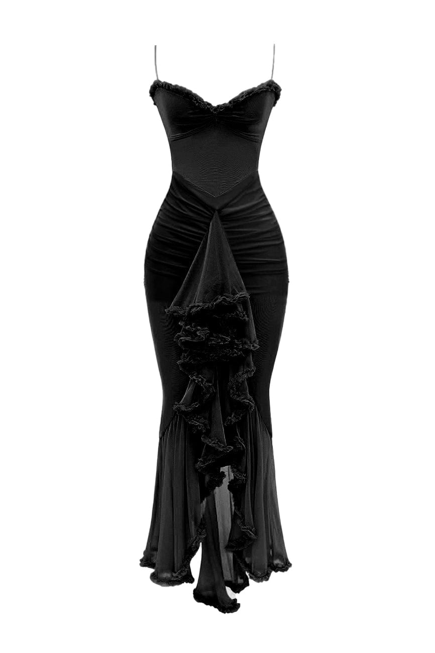 Moon 45 Black / XS Stretch Mesh Ruffle Ruched Slit Maxi Dress