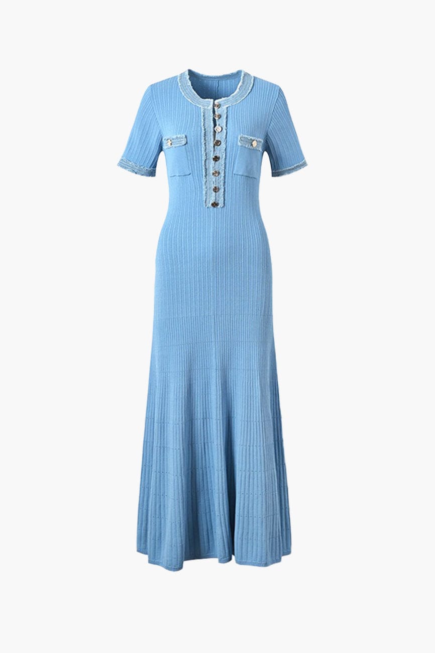 Moon 45 Blue / S Denim Contrast Patchwork Knit Midi Dress