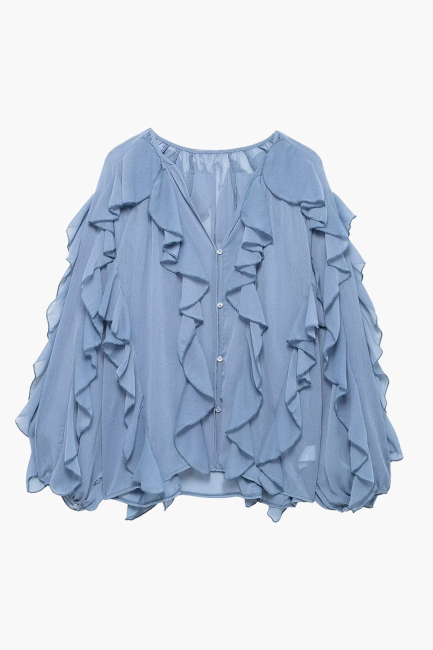Moon 45 Blue / XS Ruffle-Trimmed Sheer Loose Top