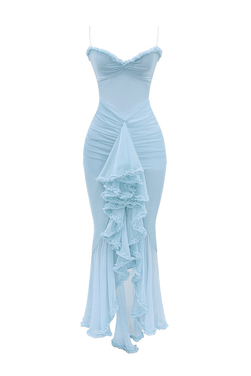 Moon 45 Blue / XS Stretch Mesh Ruffle Ruched Slit Maxi Dress