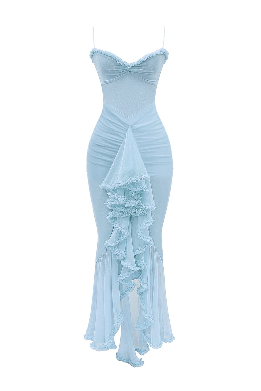 Moon 45 Blue / XS Stretch Mesh Ruffle Ruched Slit Maxi Dress