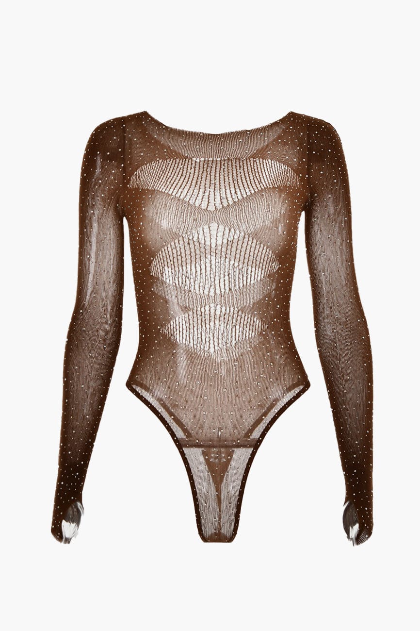 Moon 45 Brown / One Size Long-Sleeve Hollow-Out Rhinestone Bodysuit