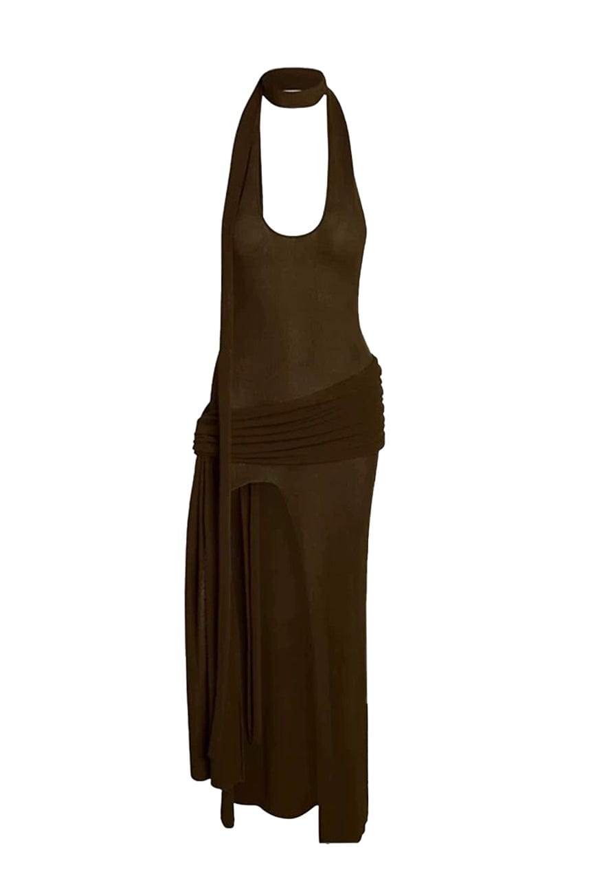 Moon 45 Brown / S Halter Neck and Waist Tie Knit Midi Dress