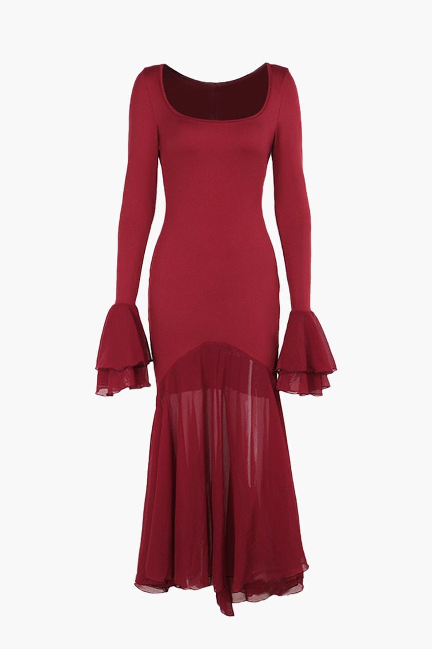 Moon 45 Burgundy / S Spliced Ruffle Trim Maxi Dress
