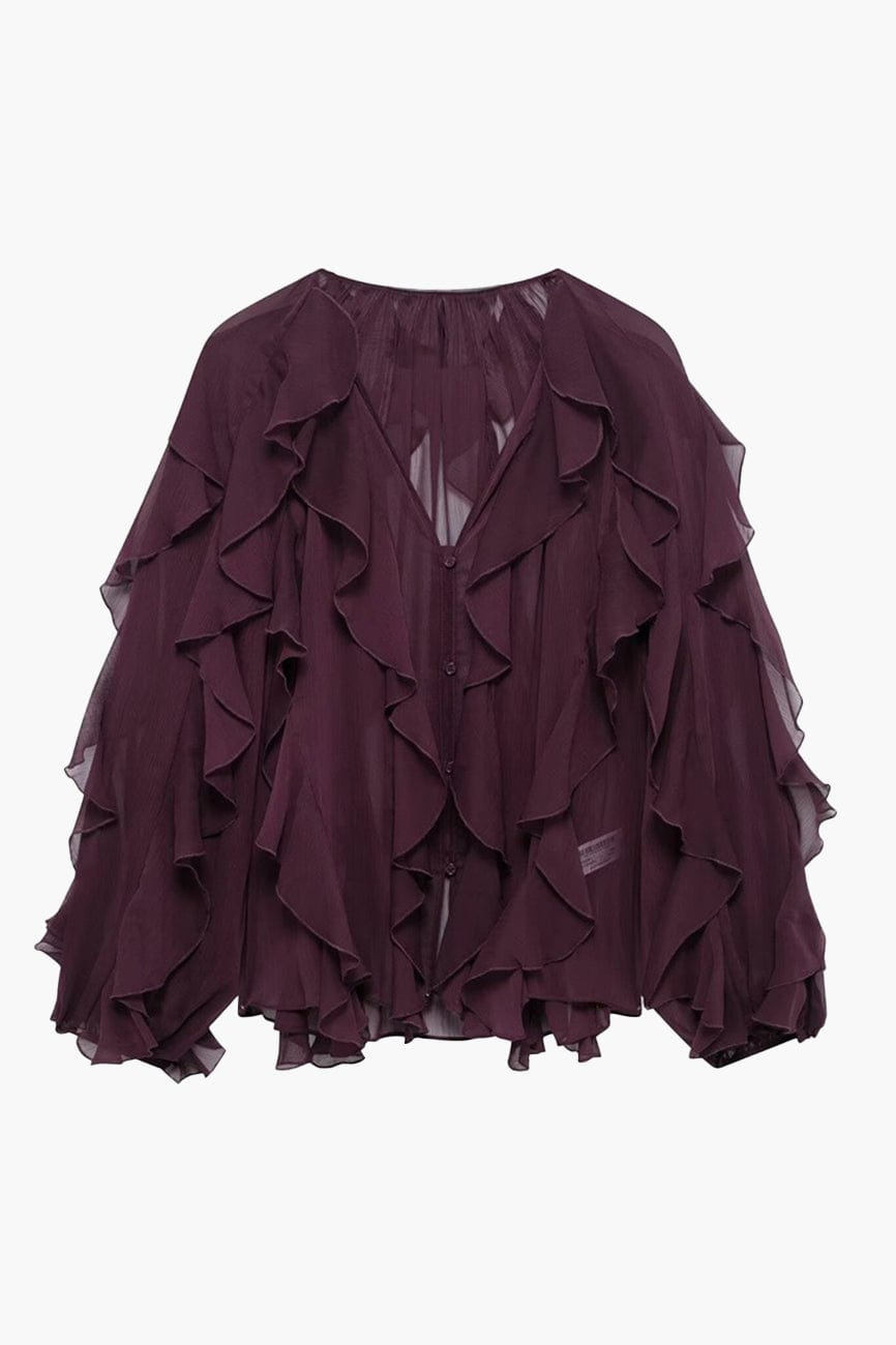 Moon 45 Burgundy / XS Ruffle-Trimmed Sheer Loose Top