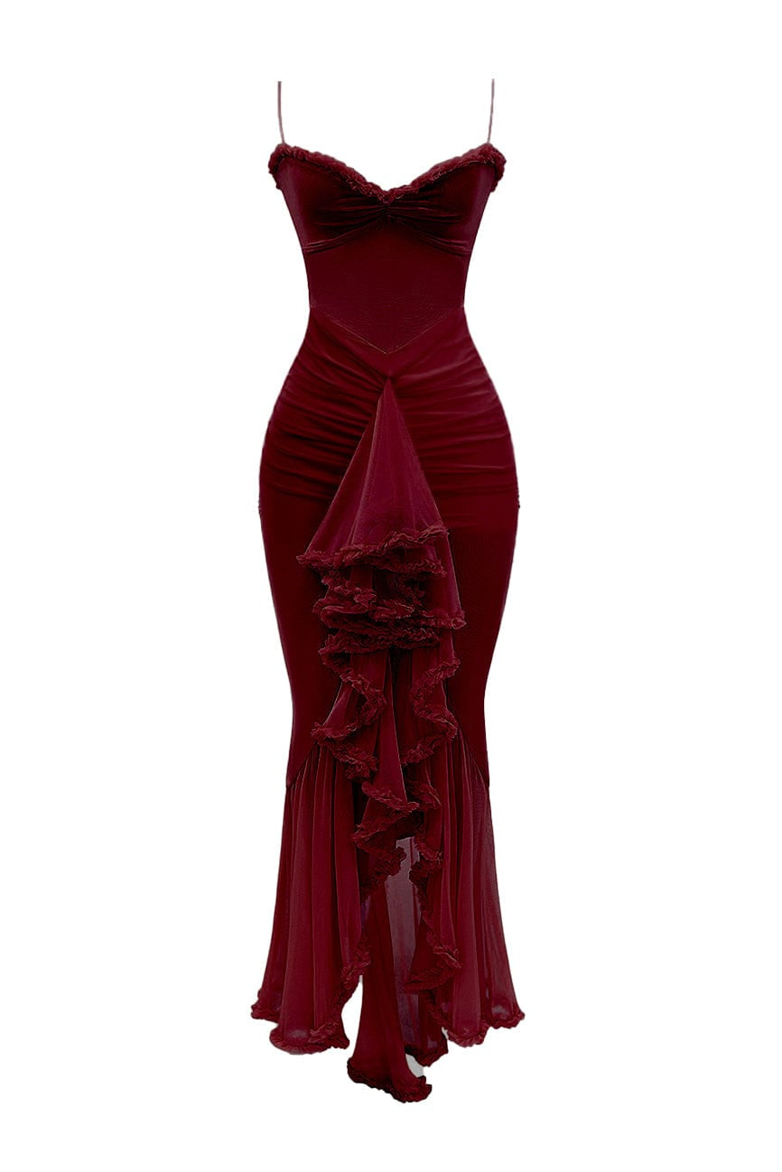 Moon 45 Burgundy / XS Stretch Mesh Ruffle Ruched Slit Maxi Dress