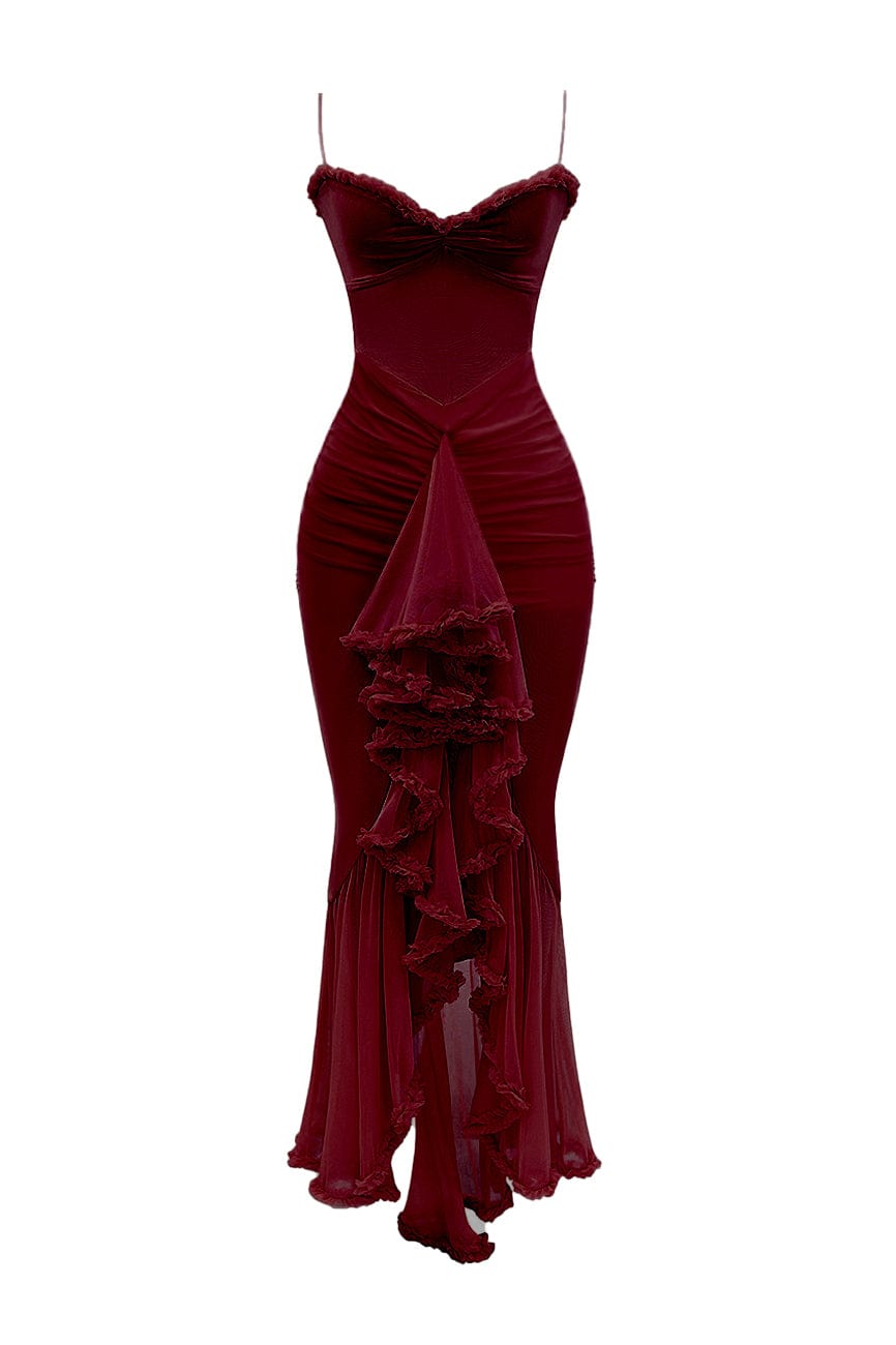 Moon 45 Burgundy / XS Stretch Mesh Ruffle Ruched Slit Maxi Dress