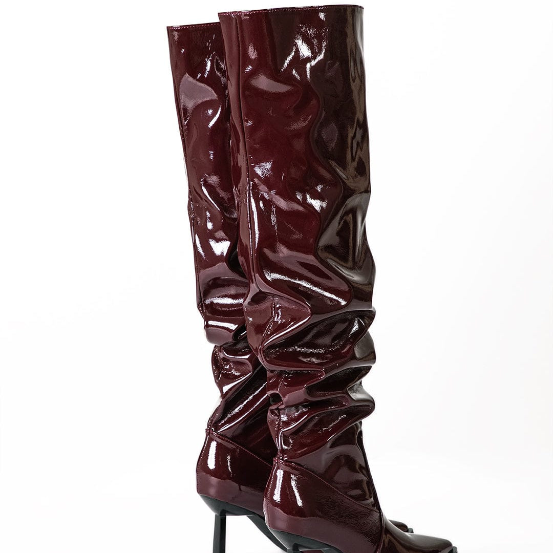 Moon 45 Faux Leather Ruched Pointed Toe Knee High Boots