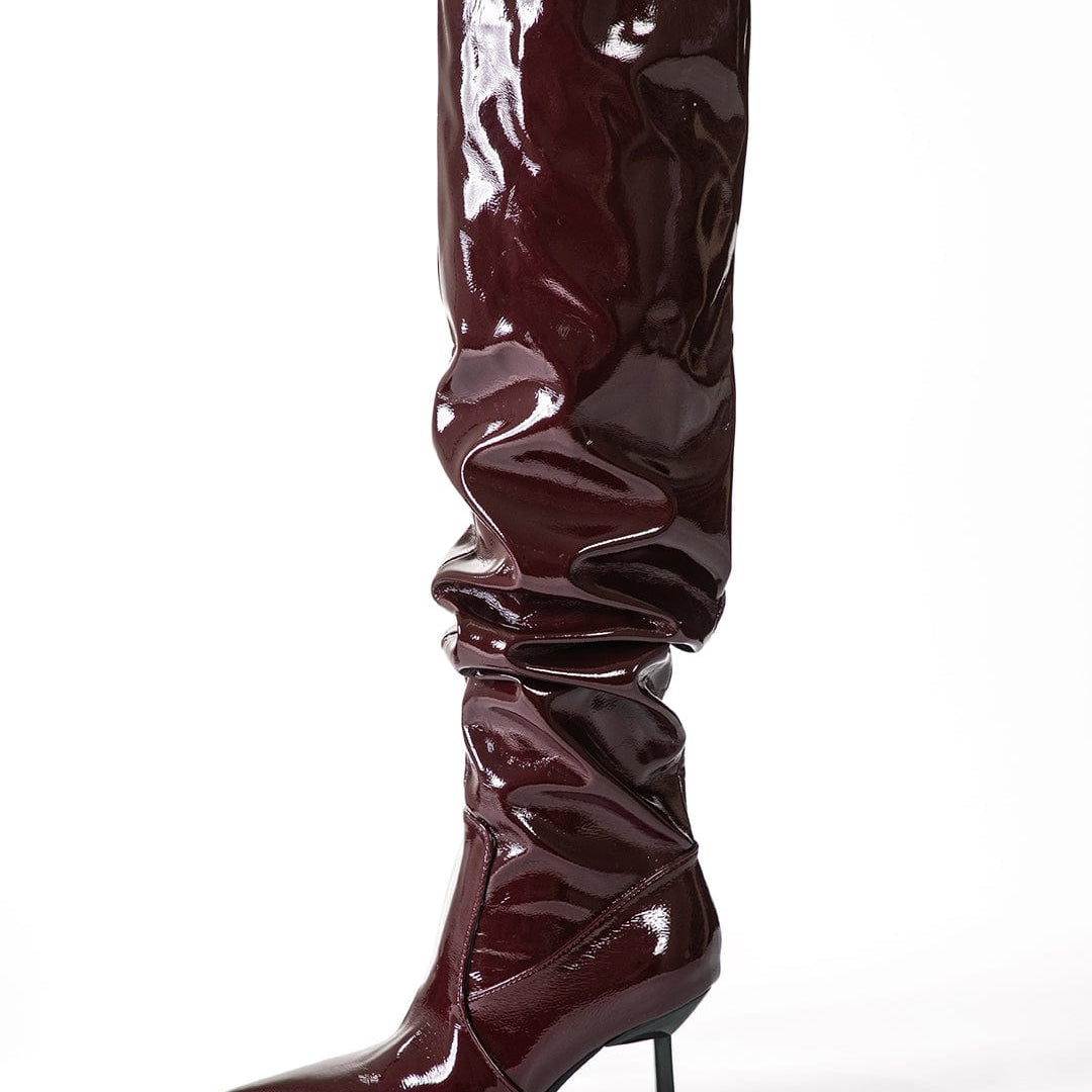 Moon 45 Faux Leather Ruched Pointed Toe Knee High Boots