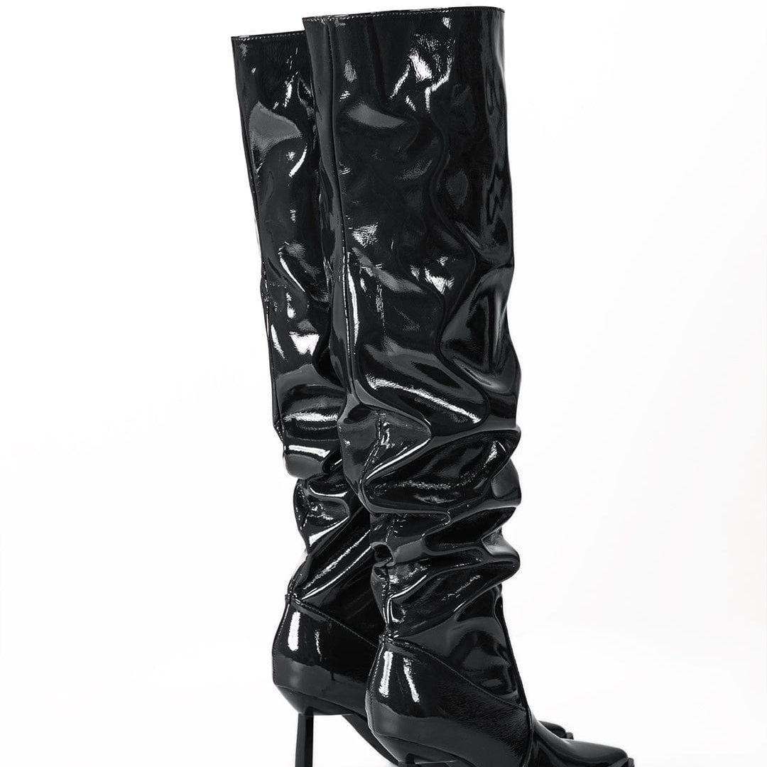 Moon 45 Faux Leather Ruched Pointed Toe Knee High Boots