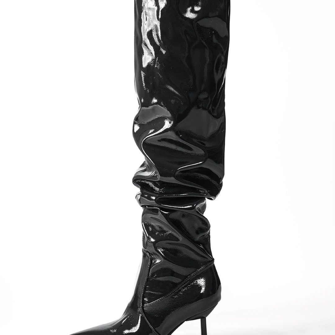 Moon 45 Faux Leather Ruched Pointed Toe Knee High Boots