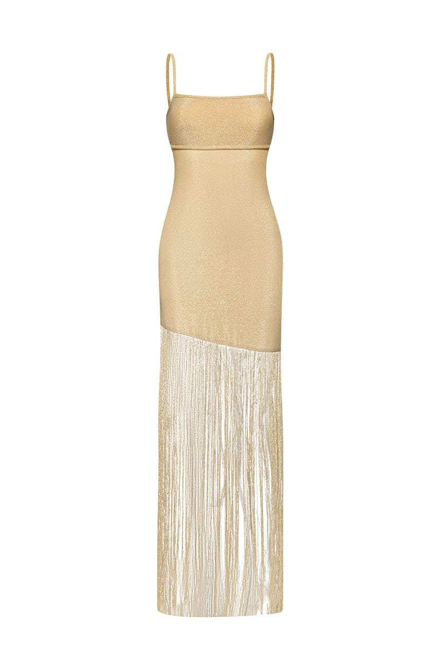 Moon 45 Gold / S Shimmering Fringe Gold Maxi Dress