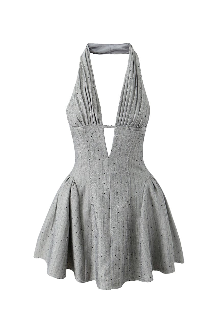 Moon 45 Gray with Small Dots / S Pleated Waist-Cinched Mini Skirt