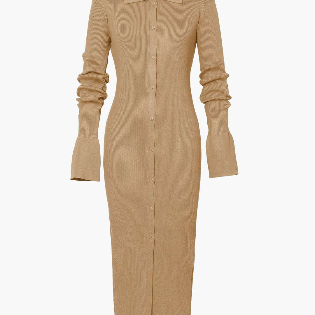 Moon 45 KHAKI / XS Shell Sleeve Ribbed Maxi Dress