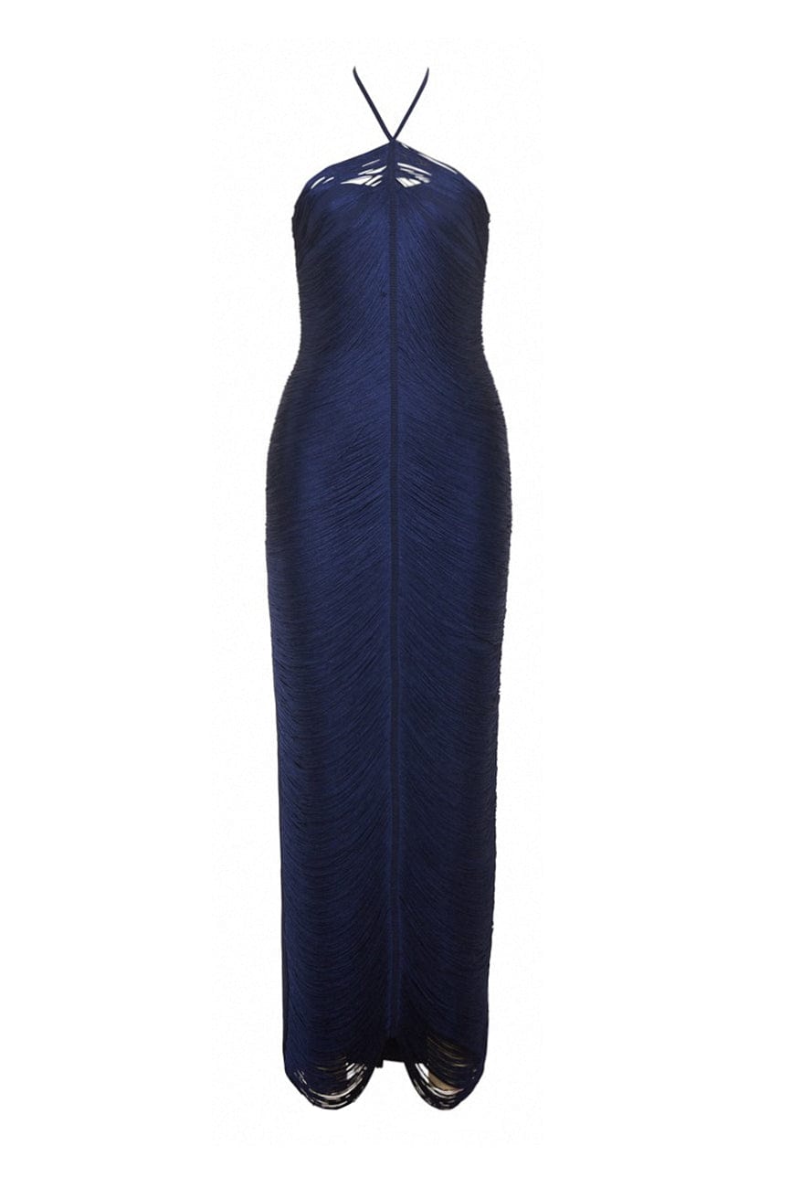 Moon 45 Navy Halter Neck Fringe Maxi Dress