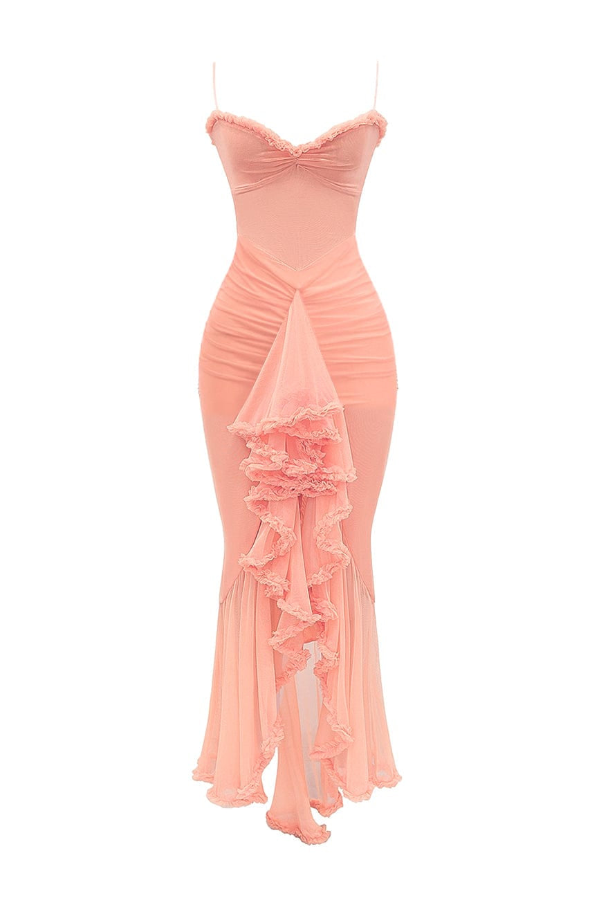 Moon 45 Peach / XS Stretch Mesh Ruffle Ruched Slit Maxi Dress
