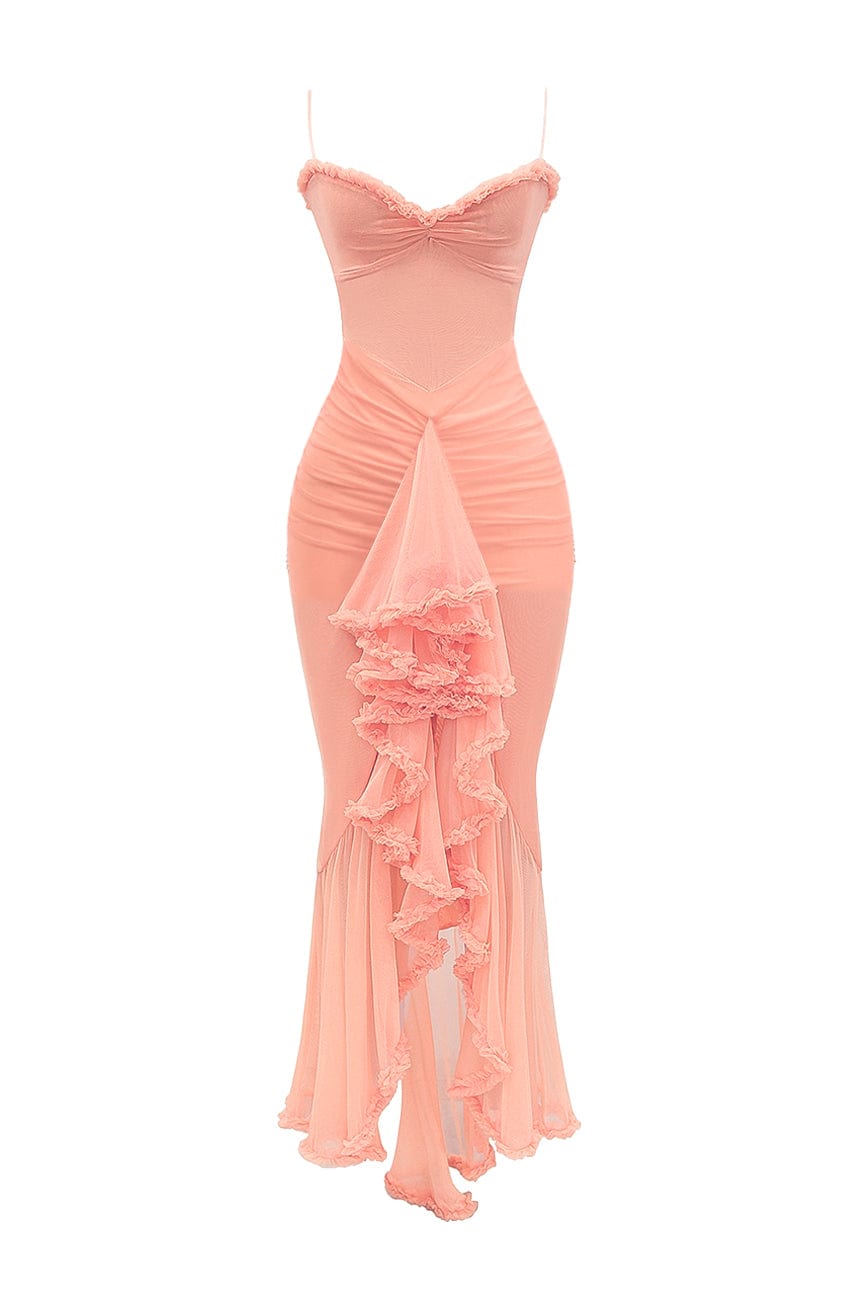 Moon 45 Peach / XS Stretch Mesh Ruffle Ruched Slit Maxi Dress