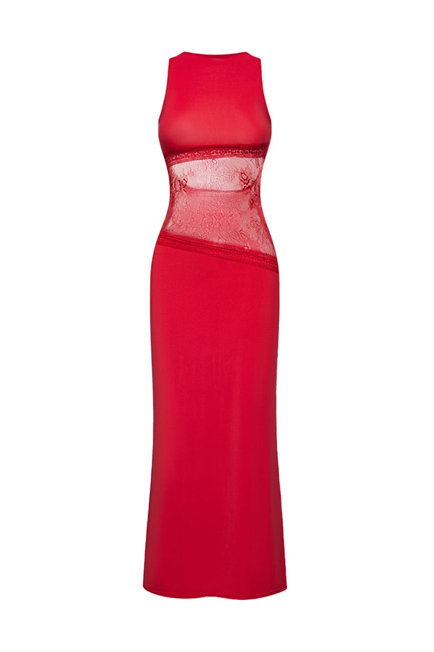 Moon 45 Red / S Elegant Sheer Maxi Dress with Frosted Lace