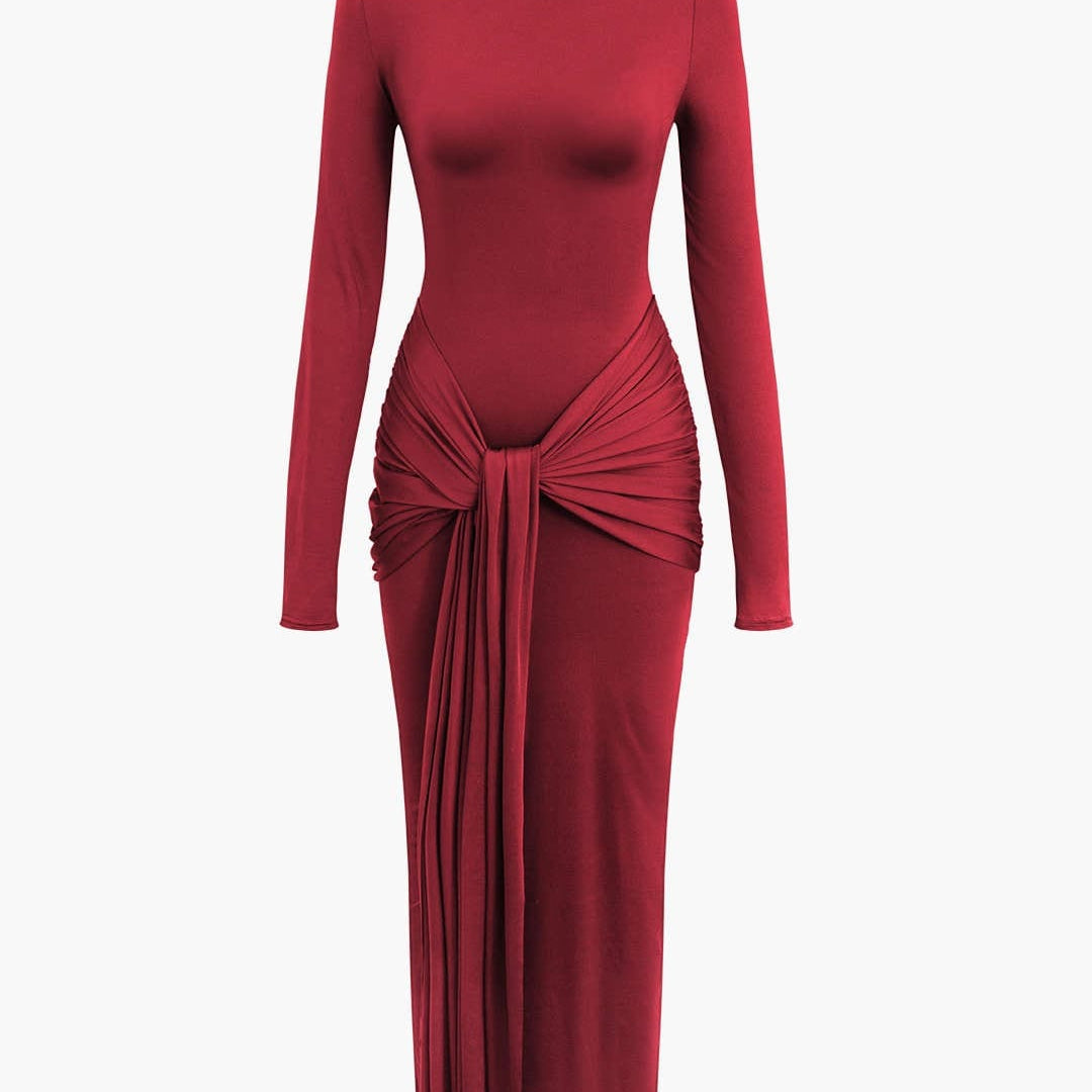 Moon 45 Red / S Wrap Ruched High Neck Long Sleeve Maxi Dress