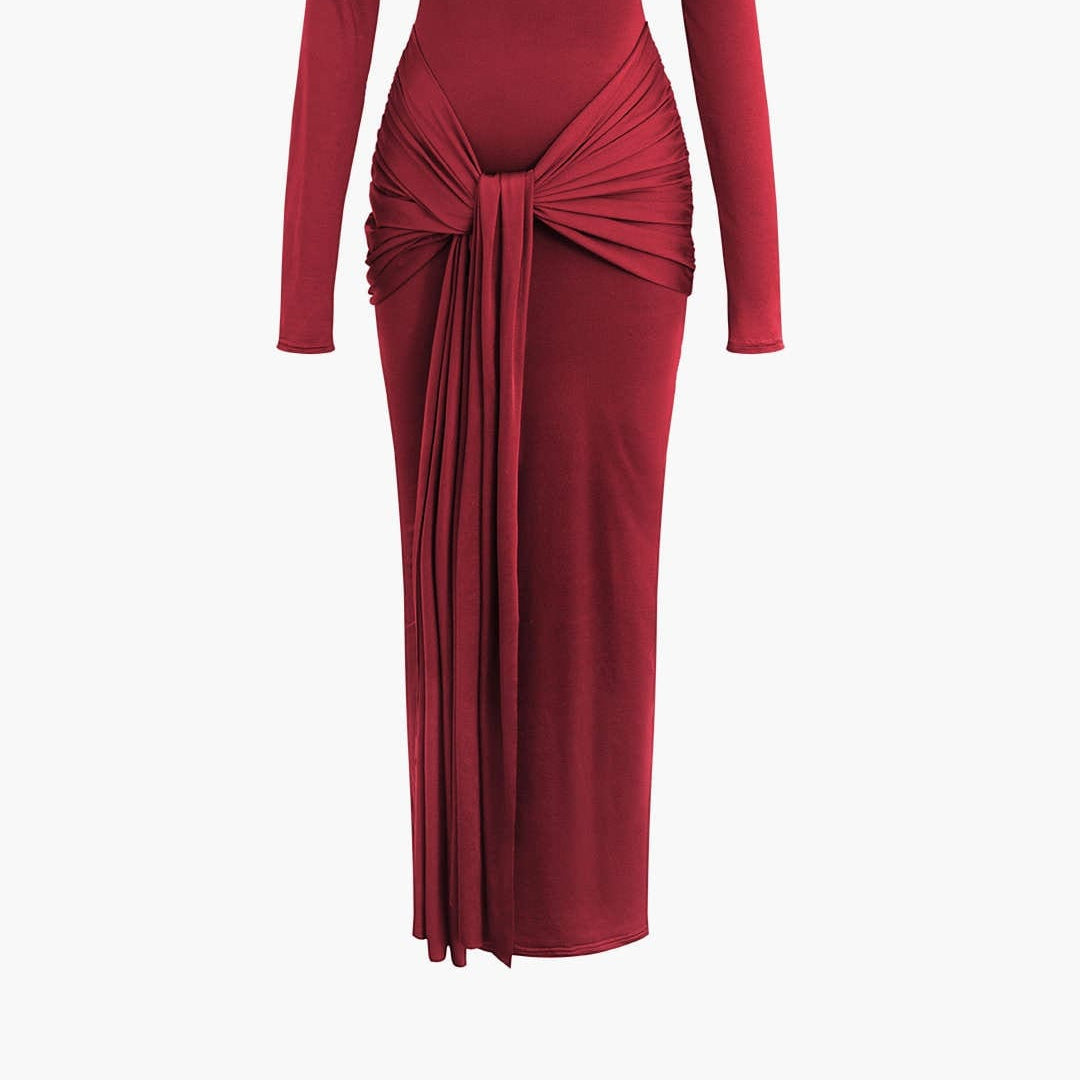 Moon 45 Red / S Wrap Ruched High Neck Long Sleeve Maxi Dress