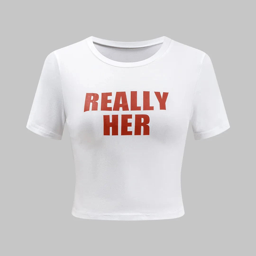 Moon 45 Red / XS Letter Print Round Neck Short Sleeve T-Shirt