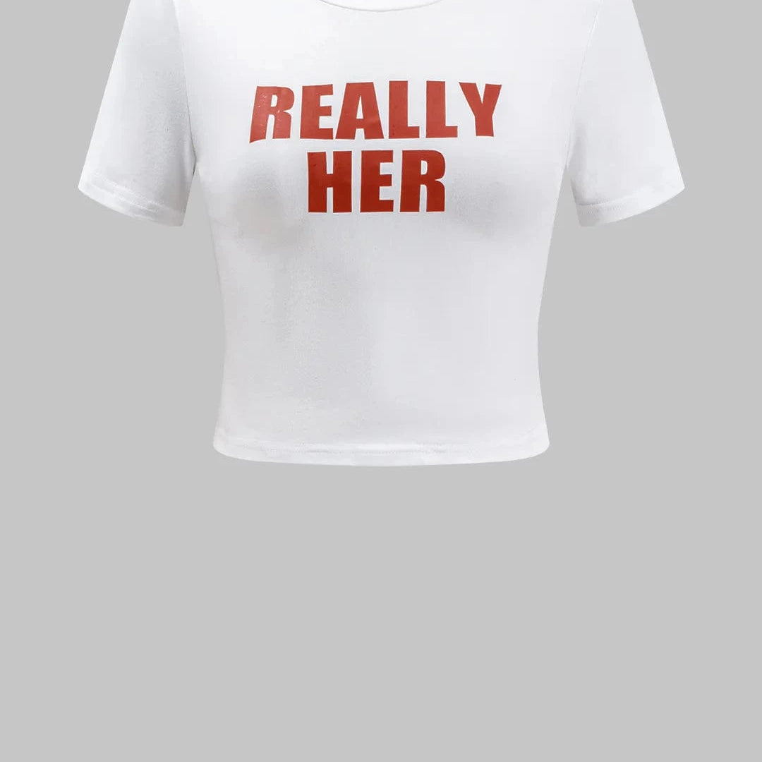 Moon 45 Red / XS Letter Print Round Neck Short Sleeve T-Shirt