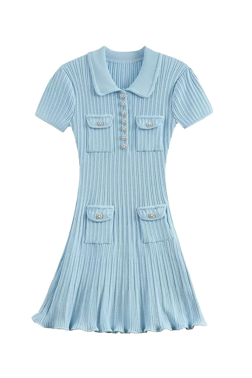 Moon 45 S / Blue Elegant Pearl Button Knitted Ruffle Hem Mini Skirt
