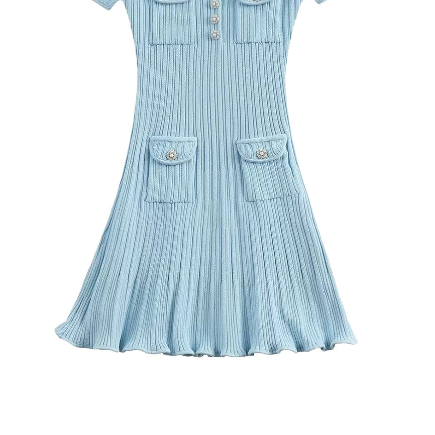 Moon 45 S / Blue Elegant Pearl Button Knitted Ruffle Hem Mini Skirt