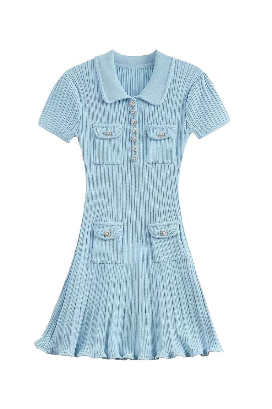 Moon 45 S / Blue Elegant Pearl Button Knitted Ruffle Hem Mini Skirt