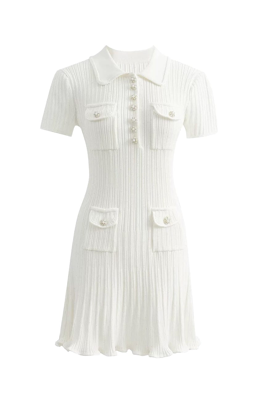 Moon 45 S / White Elegant Pearl Button Knitted Ruffle Hem Mini Skirt