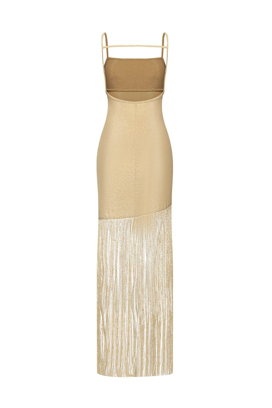Moon 45 Shimmering Fringe Gold Maxi Dress
