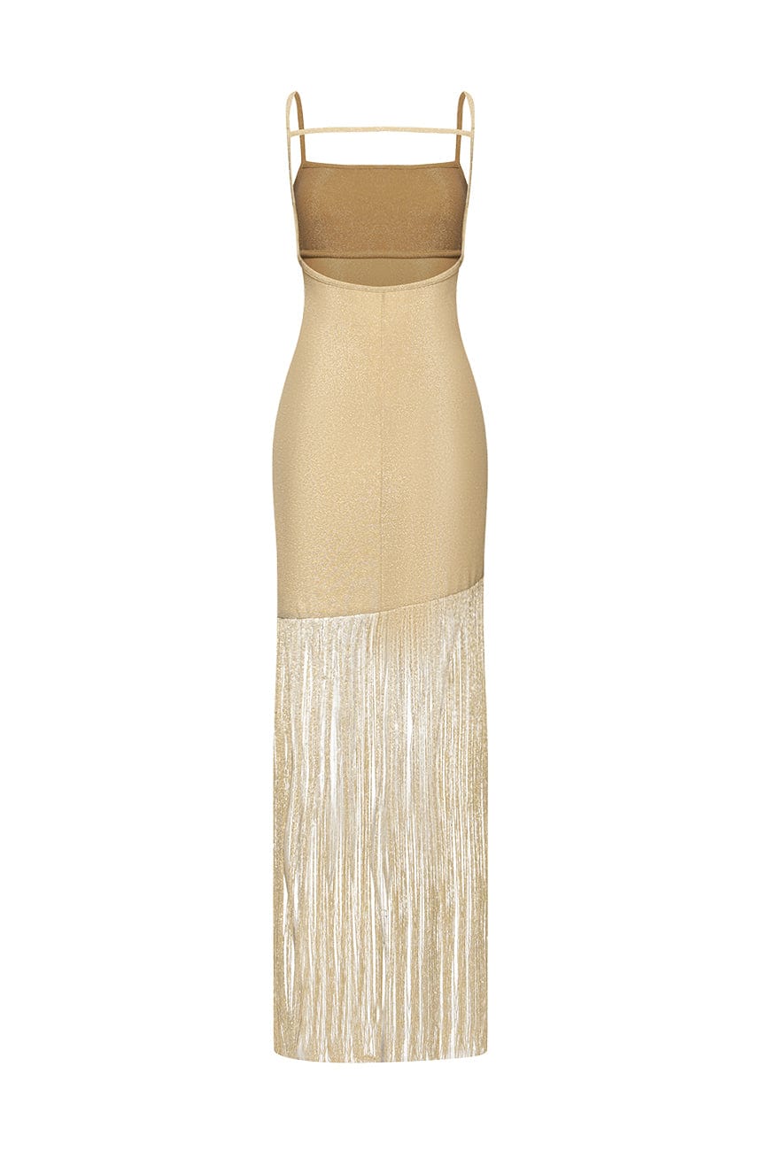 Moon 45 Shimmering Fringe Gold Maxi Dress