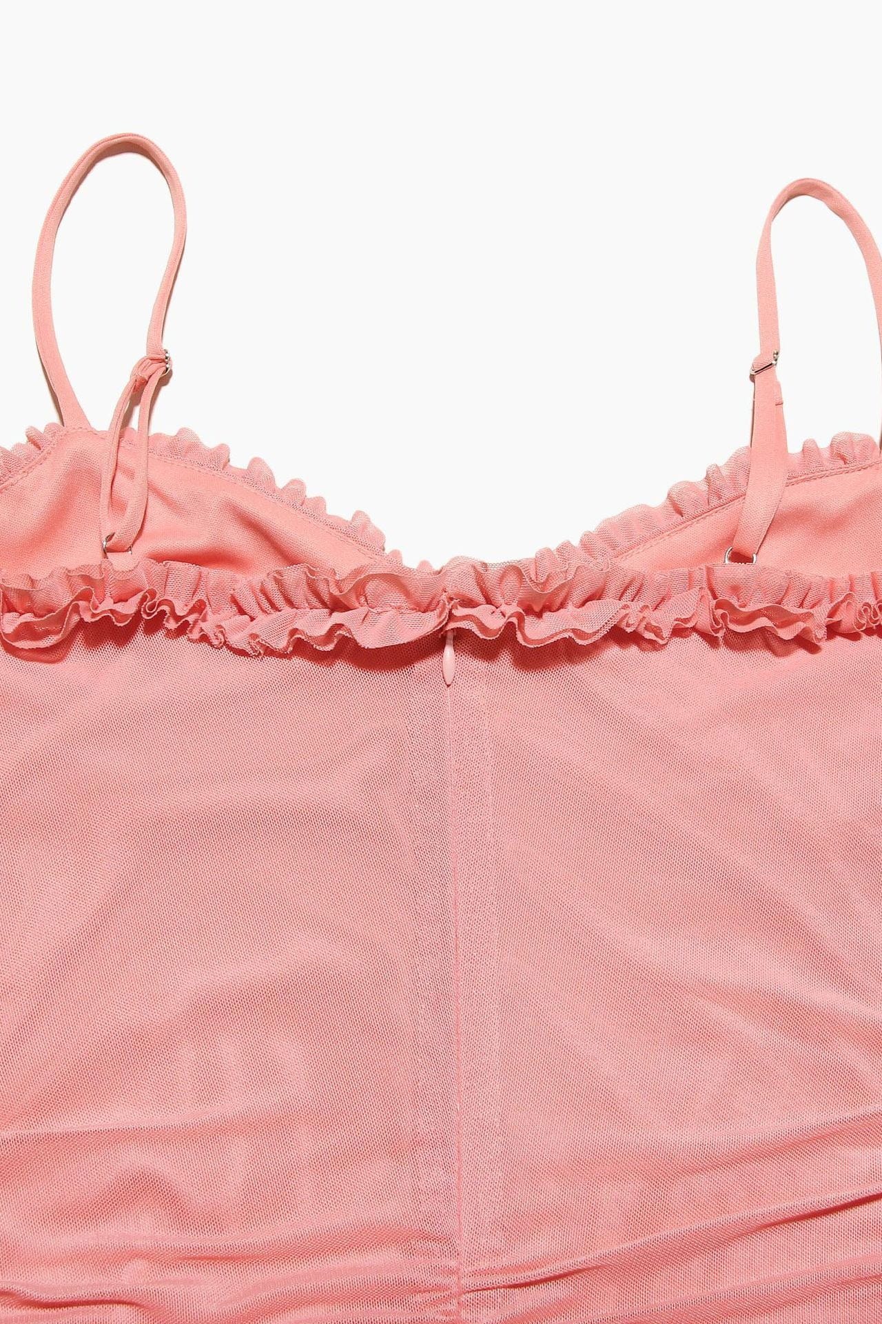 Moon 45 Stretch Mesh Ruffle Ruched Slit Maxi Dress